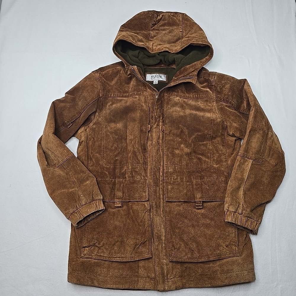 WILSONS LEATHER M. JULIAN SUEDE COAT BROWN Size Large Pockets Fleece Lined Hood